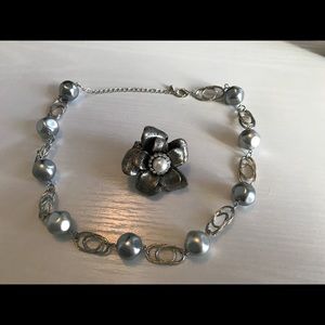 Grey and silver necklace and stretchy ring